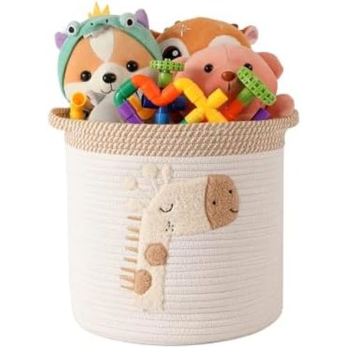 Toy Storage Baskets Woven Cotton Rope Storage Basket for Kids, Blanket Baskets for Living Room Toys Organizer with Embroidery Decor, Cute Baskets with Handle for Nursery, Playroom (Giraffe)