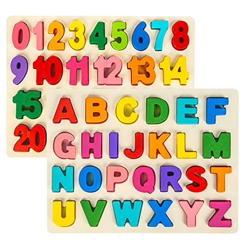 Attmu Wooden Puzzles for Toddlers, 2 Pcs Alphabet ABC Shape Number Puzzle | Learning Toys for Kids Preschool Educational Activities Toddler Gift Toys for Girls Boys Christmas Valentines Easter