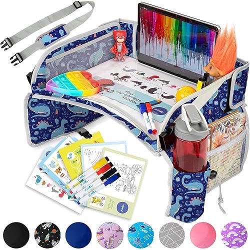 PILLANI Kids Travel Tray for Car - Toddler Essentials for Road Trip, Carseat Tray for Kids Travel, Car Activities for Kids Ages 4-8 w/ Activity Sheets & Pens, Tablet Holder, Dry Erase Board,Cup Holder