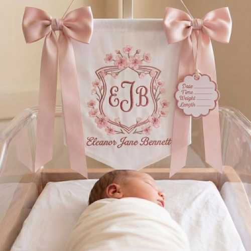 Personalized Monogram Embroidered Nursery Name Banner, Custom Baby Embroidery Name Flag, Floral Name Banner, Hospital Nursery Decor