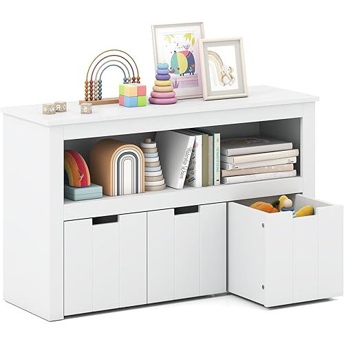 HONEY JOY Kids Toy Storage Organizer, Children Daycare Shelf, 3 Wooden Toy Box w/Wheels, Toddler Classroom Display Cabinet for Playroom, Nursery, Kindergarten (White)