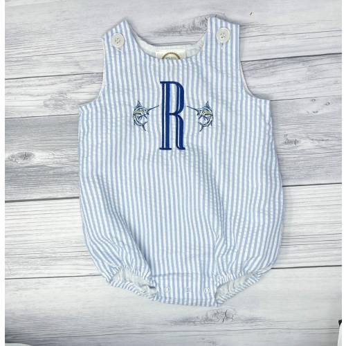 Blue marlin summer bubble romper, embroidered toddler romper, sport fishing kids clothes, baby bubble romper