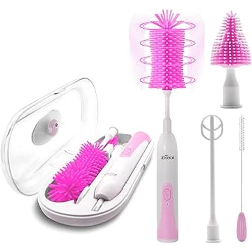 Electric Bottle Brush Cleaner New Upgrade, Portable Electric Baby Bottle Brush Cleaner for Travel, Travel Bottle Cleaner Kit with Nipple & Straw Brush, Perfect Mom Essentials After Birth Gift, Pink