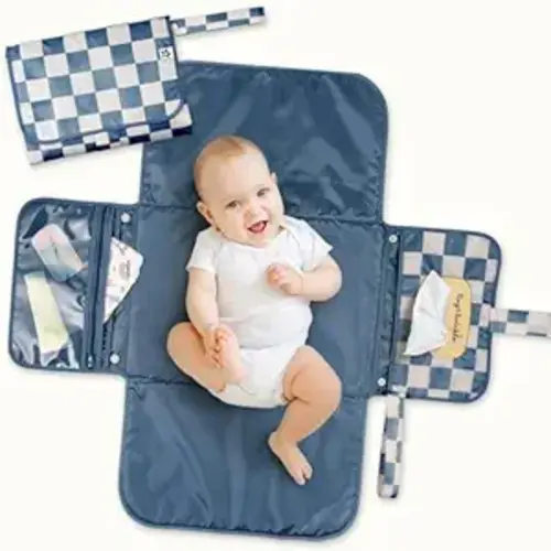 Tiny Twinkle Portable Diaper Changing Pad | Waterproof, Wipeable & Compact Baby Changing Pad for Travel | Smart Wipes Pocket & Organized Storage| Newborn Shower Gift (Blue Checkers)