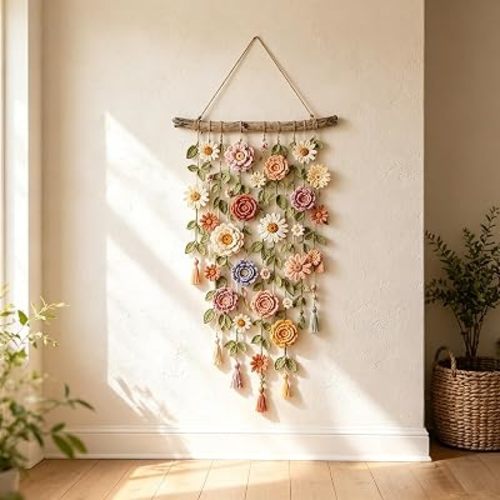 Boho Crochet Flower Wall Hanging, Handmade Cascading Floral Tapestry, Bohemian Macrame Wall Decor for Bedroom, Living Room, Nursery & Farmhouse ，1pcs