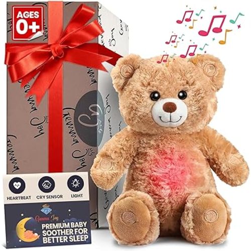 Gemma Joy Bedtime Baby Soothers for Sleep, Cry Activated Heartbeat Stuffed Animal for Baby, Newborn, Calming Light, Lullaby Music, White Noise, Shush and Mother’s Heartbeat - (Bear, Rechargeable)