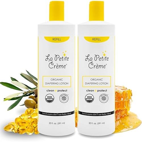 La Petite Creme French Premium Diapering Lotion - Diaper Cream Alternative to Baby Wipes - Moisturizer & Skin Cleanser - USDA Certified Organic Ingredients - Baby Essentials (2 Bottles of 20 oz)