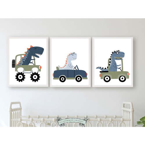 Dinosaur Car Nursery Set Wall Art Print With Dino Playroom And Boys Room Decor