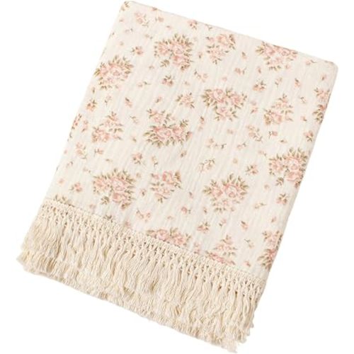 vctops Muslin 100% Cotton Throw Blanket for Couch Breathable Gauze Bed Blankets with Tassels Soft Cozy Lightweight Floral Print Throws for Sofa, Bed, Travel (Floral C,50"x70")