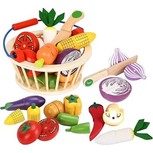 Wooden Vegetable Toys for Children,Pretend Play Food Set for Kid, Magnetic Cutting Kitchen Toy with Picnic Basket,Baby Dinette Accessories for Toddlers Store Grocery,Gift for Girl Boy