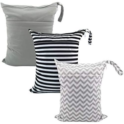 ALVA 3 Pack Wet Dry Bags for Cloth Diapers, Swimsuits & Gym Clothes, Waterproof Reusable Baby Diaper Bag with 2-Zippered Compartments, Hanging Strap, Machine Washable, Medium for Dayca