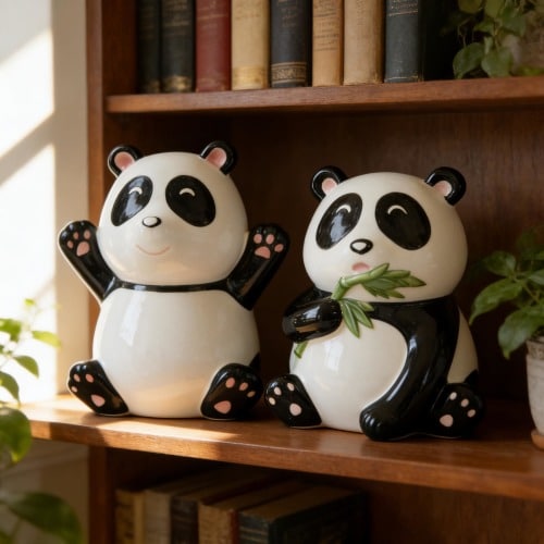Handmade Ceramic Panda Piggy Bank Set, Kids Room Decor