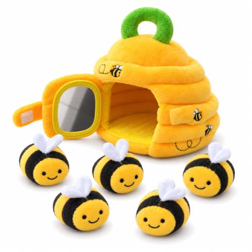 Montessori Beehive Toy with 5 Sensory Bees, Rattle, Crinkle & Hide-and-Seek | Five Soft Bees To Hide, Find And Return, With Squeak, Rattle, Crinkle, Textures And A Mirror Flap For Hands-On Pretend Play