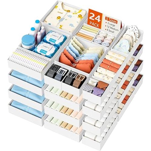 DIMJ Drawer Organizer Clothes - 24 Pack Baby Dresser Organizer for Nursery, Foldable Drawer Organizer Bins for Closet Bedroom Organization, Fabric Clothes Storage Dividers for Underwears, Socks, Bras