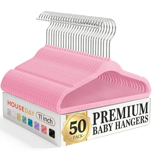 HOUSE DAY 11 Inch Velvet Baby Hangers 50 Pack Lt-Pink, Premium Kids Hangers for Children, Infant & Toddler Clothes, Durable Non Slip Small Baby Felt Hanger for Closet, Ideal for Everyday Use