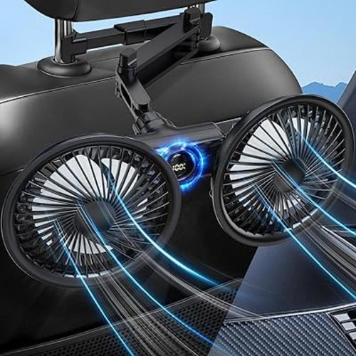 Rechargeable Car Fan for Backseat Kids Baby, Battery Powered USB car seat Fans with LED Display, Powerful 3 Speeds 360° Rotation Dual Head headrest Air Cooling fan for Vehicle SUV Truck Sedan