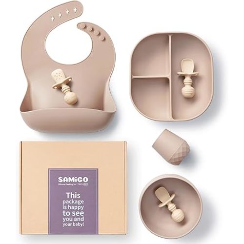 SAMiGO Silicone Baby Feeding Set, Baby Led Weaning Supplies, Suction Bowl Plate Bib Cup Self Feeding Spoons, Solid Food Eating Essentials, First Stage Utensils, 6+ Months