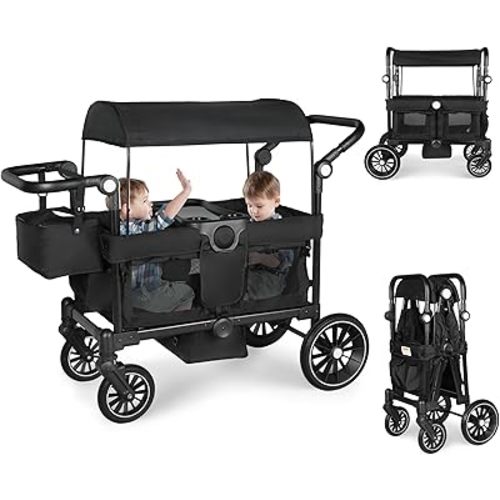 Stroller Wagon for 2 Kids, Foldable Kids Wagon w/Adjustable Push Pull Handle, Shock-Absorbing Wheels, Removable Canopy, Extra Diaper Bag & Harness, Detachable Tray, Black