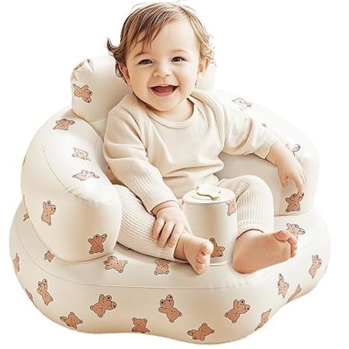 Inflatable Baby Seat for 3-36 Months, Portable Blow Up Support Seat with Built-in Air Pump, Learning to Sit & Feeding Chair for Infants & Toddlers (Bear)