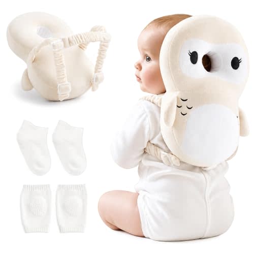 Fortella Baby Head Protector Backpack, Protection Pillow for Walking, Owl | Includes Socks & Knee Pads for Crawling, Fall Back Head Cushion Support, Infant 5-12 Months, Toddler Daycare Essentials Gift