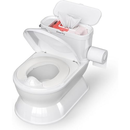 2-in-1 Toddler Potty Training Toilet - Larger Potty Chair & Detachable Training Seat for Boys & Girls Ages 1-3 with Flushing Sound, Wipes Storage, Toilet Paper Holder