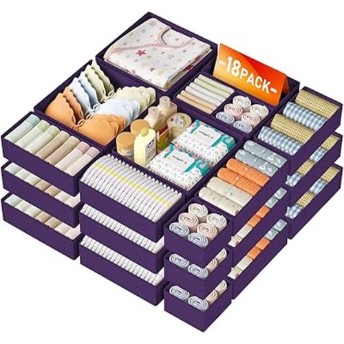 DIMJ Drawer Organizer Clothes Storage - 18 Pack Baby Dresser Organizer for Nursery, Foldable Closet Drawer Bins for Bedroom Organization, Fabric Storage Dividers for Socks, Underwears, Purple