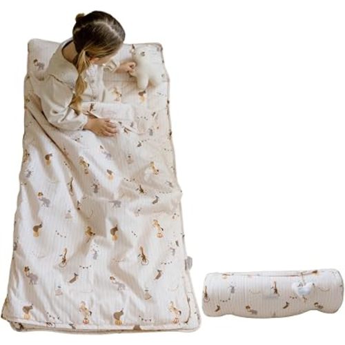 Organic Cotton Toddler Nap Mat with Removable Pillow and Attached Blanket, Portable Daycare and Preschool Rest Mat, Machine Washable