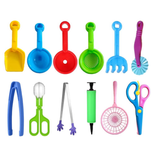 Calefow 12 Pcs Sensory Bin Filler,Sensory Bin Tools, Fine Motor Skills Handy Scooper Set with 5 Scoops, Plastic Tweezers, Silicone Tongs, Beach Shovels, Air Pump, Scissors Clip