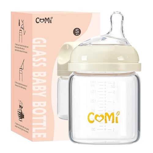 COMI Natural Glass Baby Bottles for Breastfeeding Babies,Newborn Anti-Colic Baby Bottle Set with Slow Flow Nipple,0-3 Months,BPA-Free,4 oz and 6 oz,2 Pack