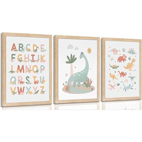 3Pcs Dinosaur Kids Playroom Wall Art ABC Alphabet Painting Picture Wall Decor Funny Nursery Poster Print Artwork for Children Room Boy Room Girls Room Bedroom Home Home Decoration Unframed