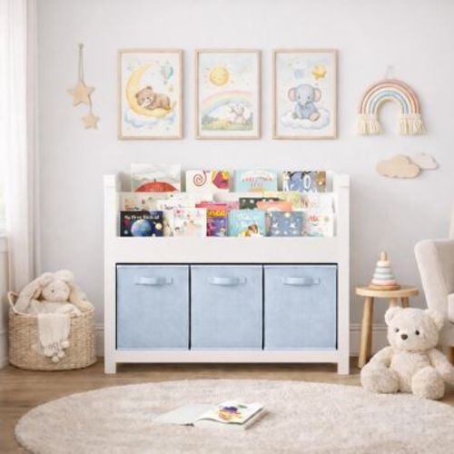 Kids Bookshelf with 3-Tier Front-Facing Book Display and 3 Fabric Bins, Toddler Bookcase and Toy Storage Organizer for Playroom, White