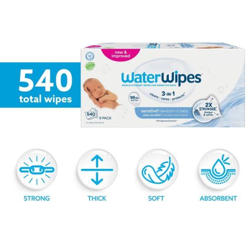 WaterWipes Sensitive Newborn & Baby Wipes, 99.9% Water, Unscented & Hypoallergenic - 540ct