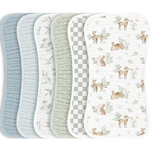 Konssy Muslin Baby Burp Cloths Sets for Unisex- 6 Pack Large 100% Cotton Burping Clothes for Newborn, Baby Girls and Boys