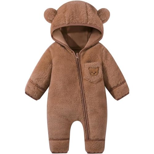 Baby Fold-Over Mittens and Footies Winter Bear Hooded Romper Snowsuit