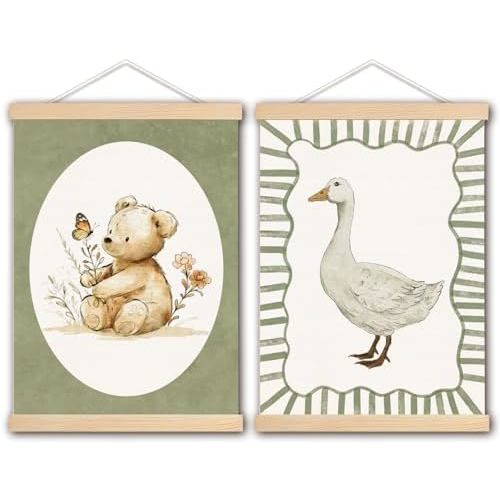 DNEULYR Bear and Goose Wall Art Poster, Sage Green Nursery Wall Decor, Retro Flower Bear Goose Striped Poster Hanger Frame for Toddler Kids Room Nursery Playroom, 12x16 Inches Set of 2