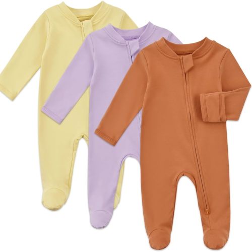 Aablexema Baby Organic Cotton Pajamas 2 Way Zipper Preemie Newborn One Piece Outfit Long Sleeve Footed Sleepwear(Yellow/Purple/Orange,Newborn)