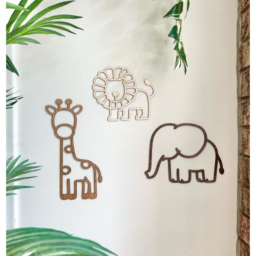 Wooden Safari Animals Set of 3, Trio Set, Elephant, Giraffe, Lion, Wooden Animal Decal Set, Nursery Wall Art, Jungle Theme Kids Room