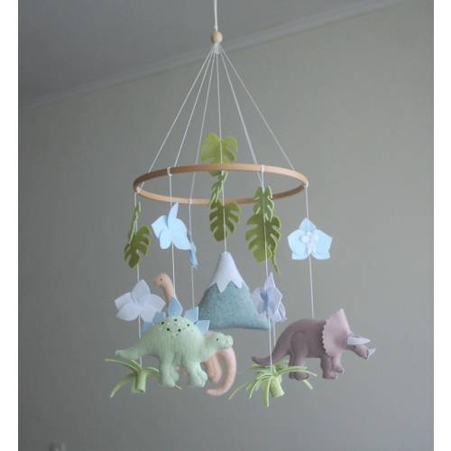 Handmade Dinosaur Mobile, Mountain Jungle Nursery Decor, Hanging Boy Room Art