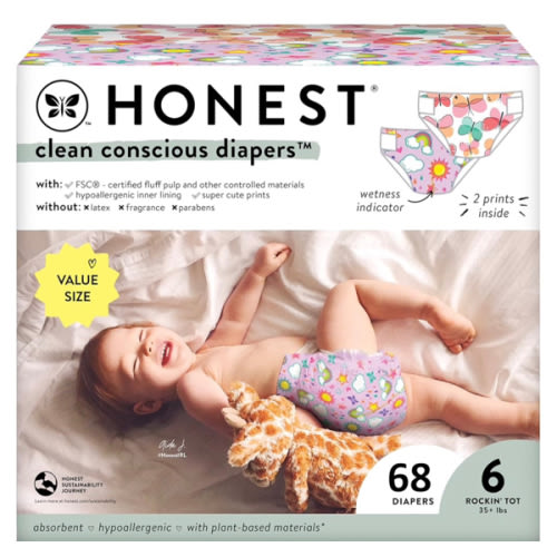 The Honest Company Clean Conscious Diapers for Sensitive Skin | Hypoallergenic, Fragrance Free | Girl Prints | Super Club Box, Size 6 (35+ lbs), 68 Count (Prints May Temporarily Vary)