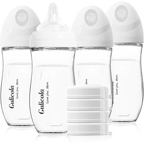 Gulicola Natural Glass Baby Bottle 8 oz for Breastfed Babies, Anti-Colic Baby Bottle Set with Medium Flow Nipple, 3 Months +, 4 Pack - White