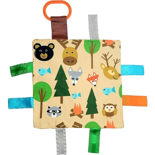 Baby Sensory Crinkle & Teething Square Lovey Toy with Closed Ribbon Tags for Increased Stimulation: 8"X8" (Forest Animals)