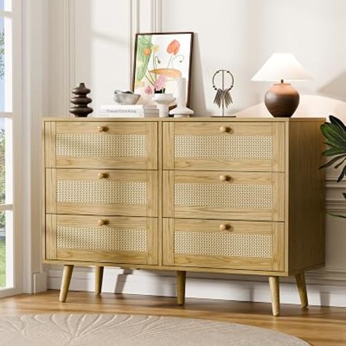6 Drawer Dresser for Bedroom, Rattan Chest of Drawers, Oak