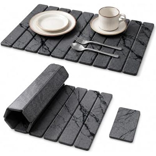 2 PCS Large Stone Dish Drying Mat for Kitchen Counter, 24" x 16" Diatomaceous Earth Dish Mat with 8" x 4" Coaster, Quick Dry Foldable Absorbent Mat for Dishes, Cups, Bottles (Dark Gray)