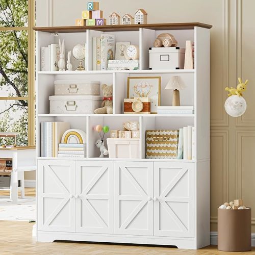 Kids Bookshelf with Storage, Toy Organizer with 8 Open Cubbies & 4 Doors Cabinet, Multifunctional Kids Bookcase with Adjustable Shelves, Toy Storage Organizer for Playroom, Bedroom, Living Room, White
