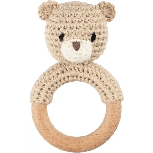 Joliecraft Safari Animals Wooden Baby Rattle Toys Stuffed Crochet Rattle with Teether Ring for Newborn, Beige Bear