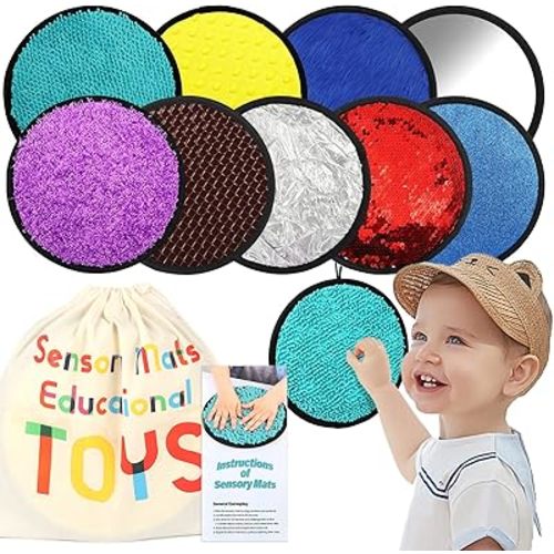 Upgraded 9 Pcs Sensory Mats with Gift Package, Mixed Textured & Colors Sensory Toys for Kids with Autism, Sensory Fidget Toys, Montessori Toys for Babies, Toddler Learning Educational Toys (8.3 Inch)