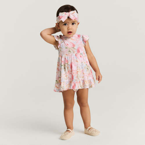 Floral Blue Girl Rose Dreams Ruffled Twirl Bodysuit Dress | Posh Peanut®