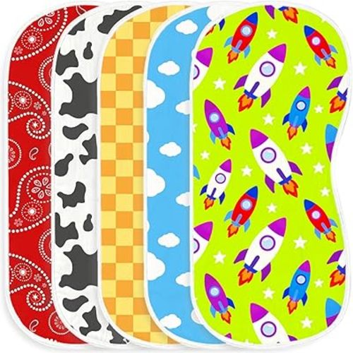5 Pack Baby Burp Cloths, Soft Muslin Cotton Toy Story Inspired Theme Burp Cloths, Super Absorbent Rocket & Cow Print Washcloths, Newborn Baby Boy Girl Essentials Gift Set