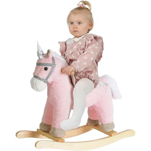 Rocking Horse, Pink Unicorn/Pony Animal Rocker with Realistic Sound Plush Stuffed Rocking Horses for Toddlers 18M+, CPC Certified