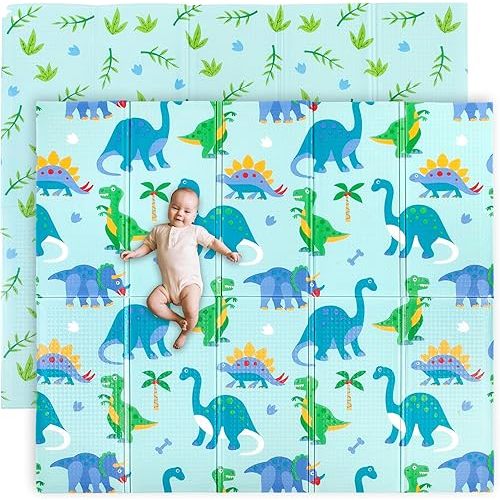 Wildkin Baby Play Mat - Large Folding Foam Play Mat for Infants, Babies, Toddlers, Waterproof, Double-Sided (70" x 59") - Dinosaur Land